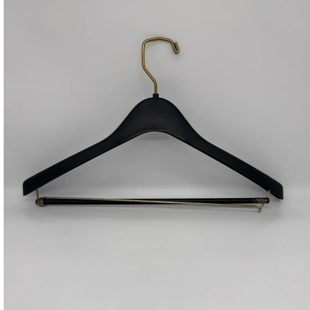 Neiman Marcus Black Suit Hanger with Trouser Bar Gold Logo Brass Swivel Hook